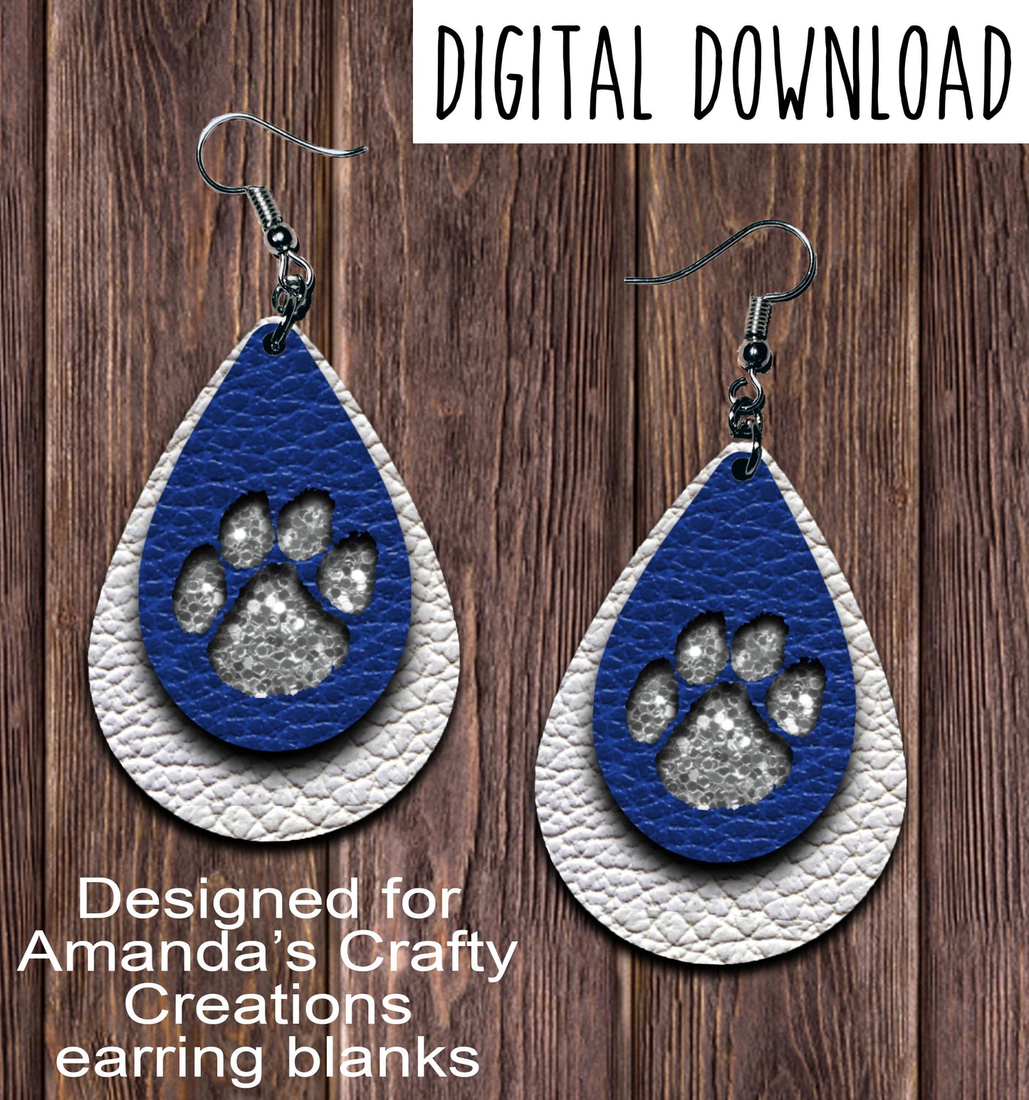 White Royal Blue Paw Cut Out Teardrop Earring Sublimation Design, Hand drawn Teardrop Sublimation earring design, digital download, JPG, PNG