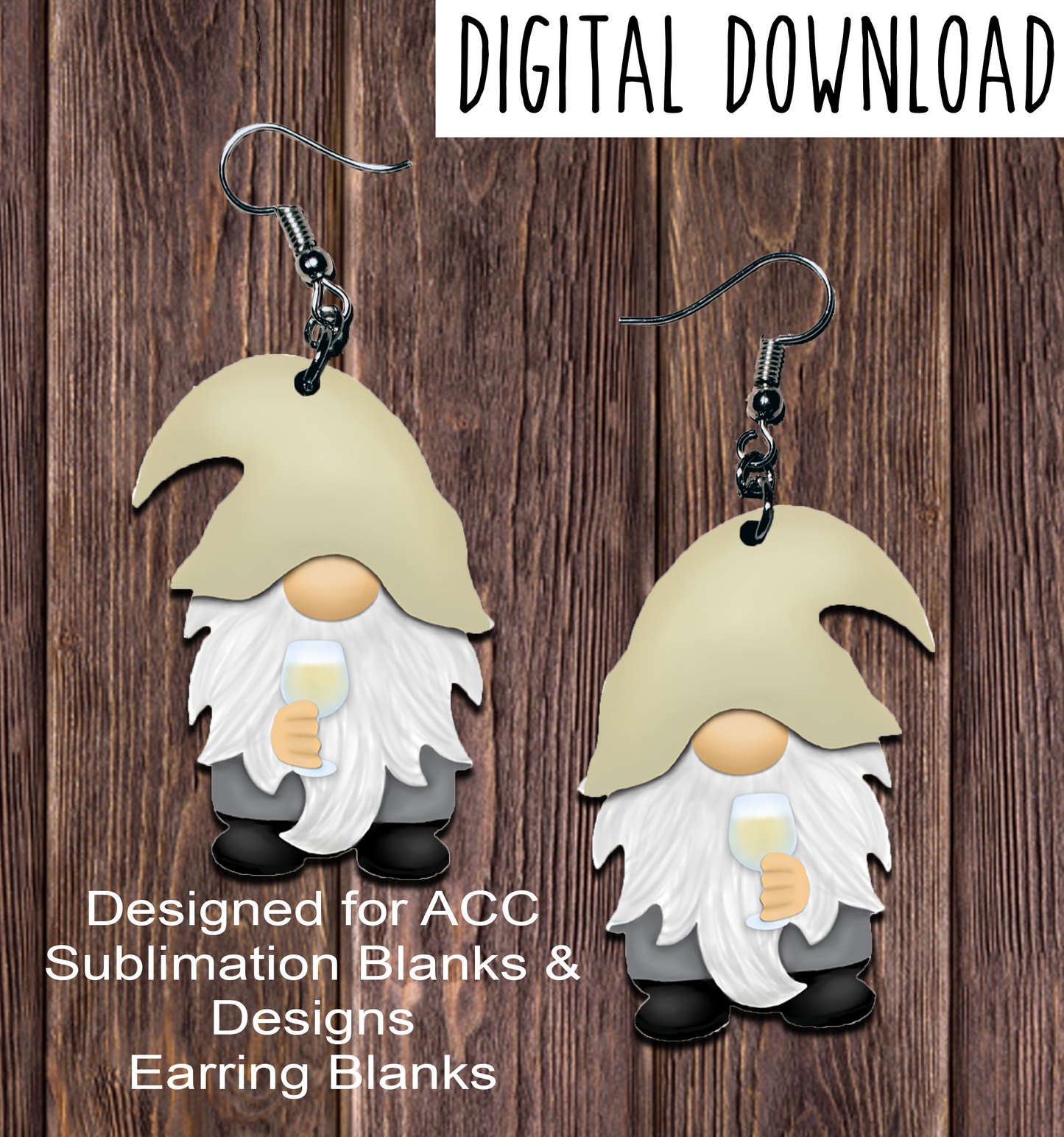White Wine Gnome Earring Sublimation Design, Hand drawn Gnome Sublimation earring design, digital download, JPG, PNG