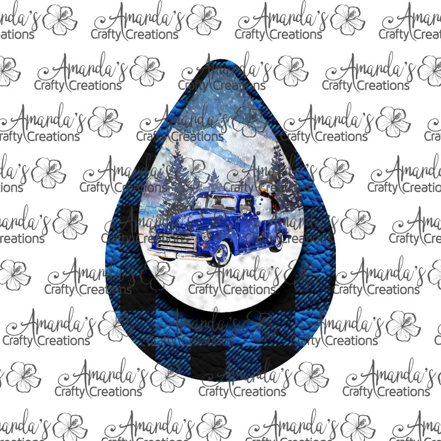 Winter Blue Vintage Truck Blue Snowman Mountain Teardrop Earring Sublimation Design, Hand drawn Teardrop Sublimation earring design, digital download, JPG, PNG