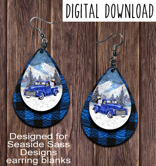 Winter Blue Vintage Truck Blue Snowman Mountain Teardrop Earring Sublimation Design, Hand drawn Teardrop Sublimation earring design, digital download, JPG, PNG