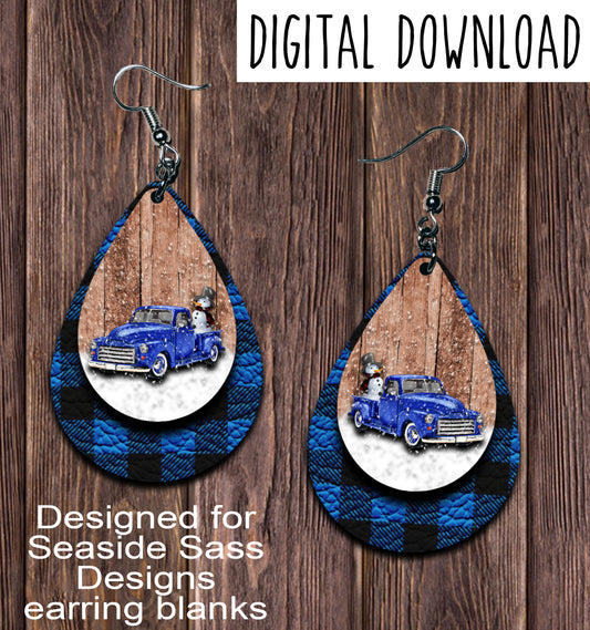 Winter Blue Vintage Truck Blue Plaid Snowman Teardrop Earring Sublimation Design, Hand drawn Teardrop Sublimation earring design, digital download, JPG, PNG