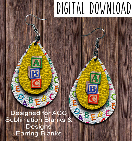 Yellow Blocks ABC Teardrop Earring Sublimation Design, Hand drawn Teardrop Sublimation earring design, digital download, JPG, PNG