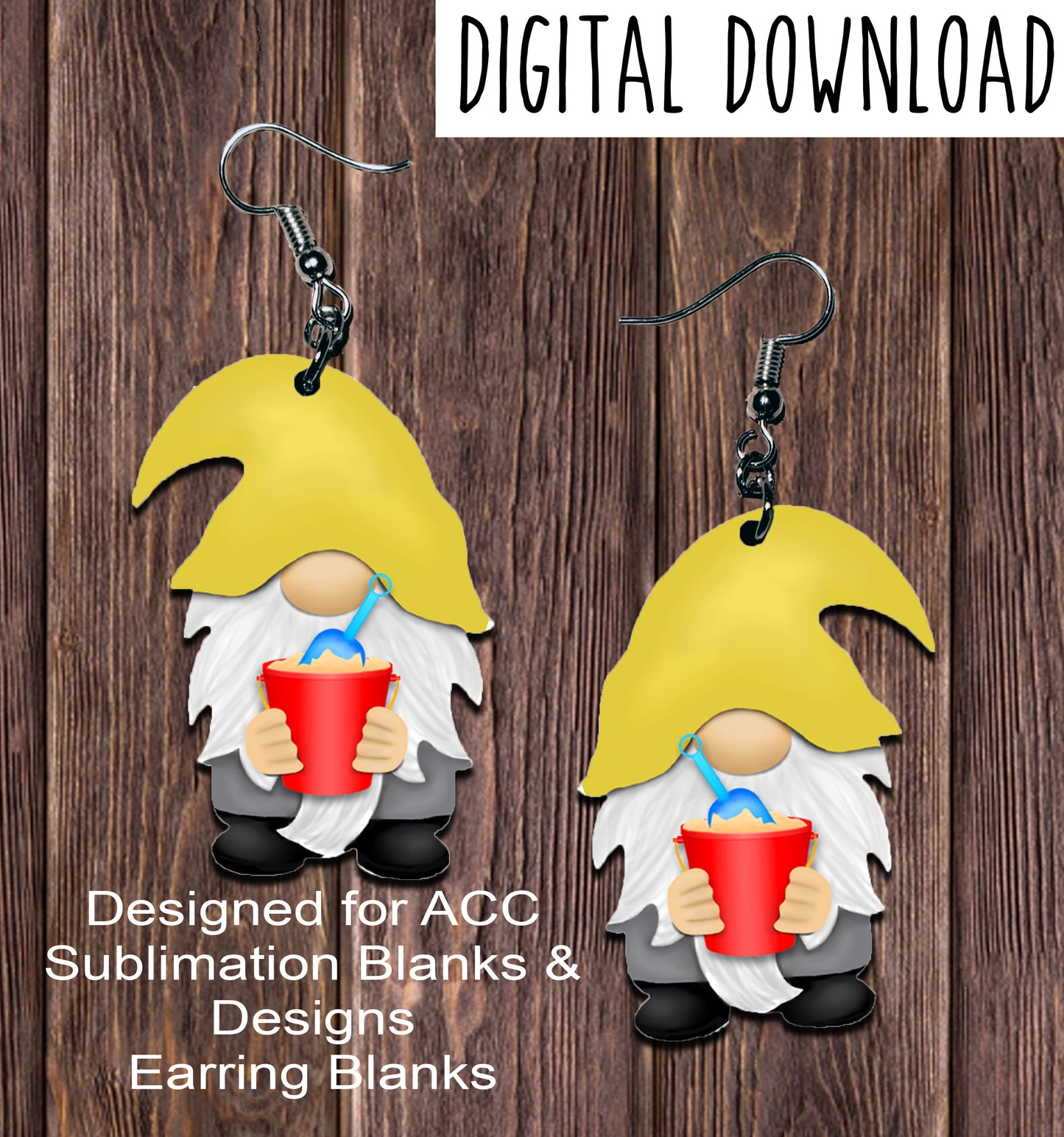 Yellow Hat Gnome with Sand Pail Earring Sublimation Design, Hand drawn Gnome Sublimation earring design, digital download, JPG, PNG