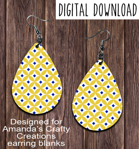 Yellow Navy Blue Moroccan Teardrop Earring Sublimation Design, Hand drawn Teardrop Sublimation earring design, digital download, JPG, PNG