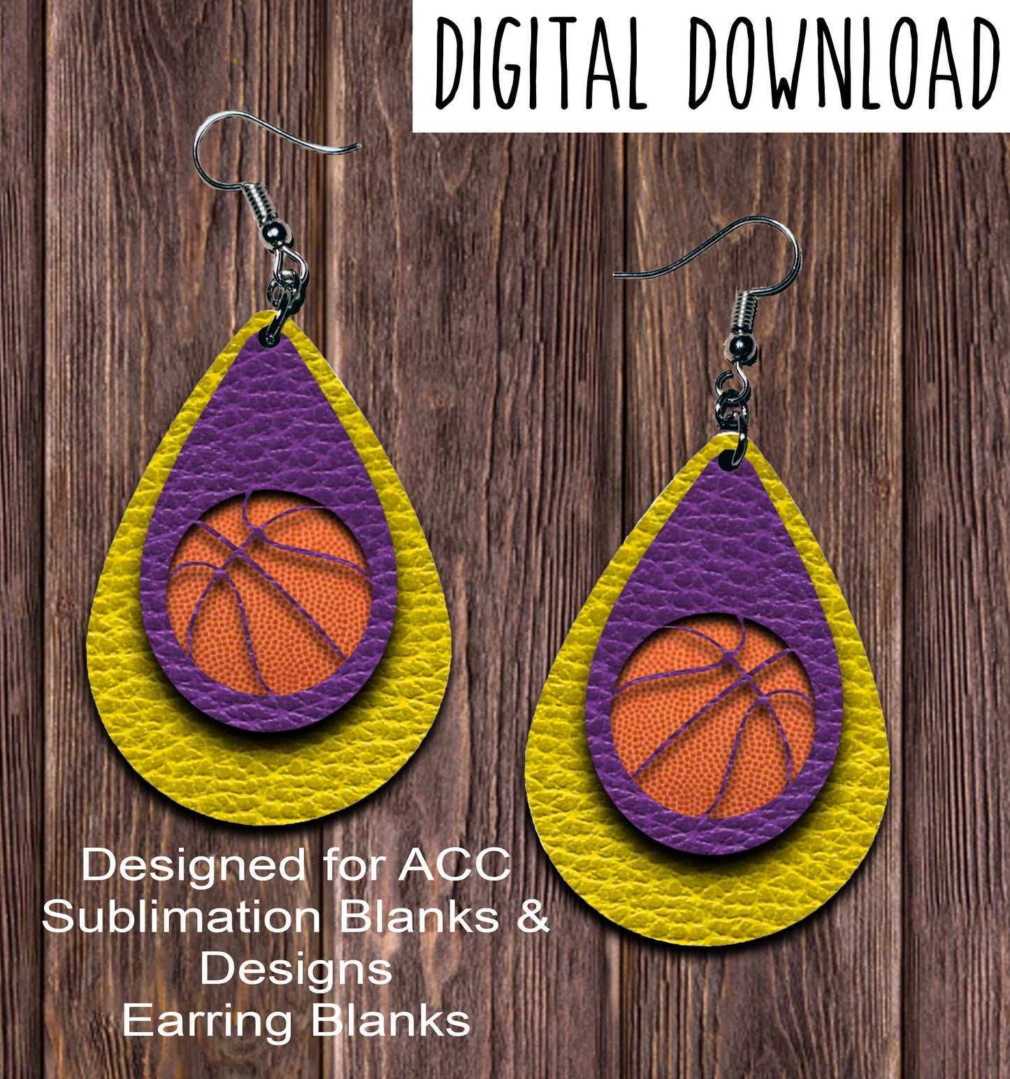 Yellow Purple Basketball Cut Out Teardrop Earring Sublimation Design, Hand drawn Teardrop Sublimation earring design, digital download, JPG, PNG