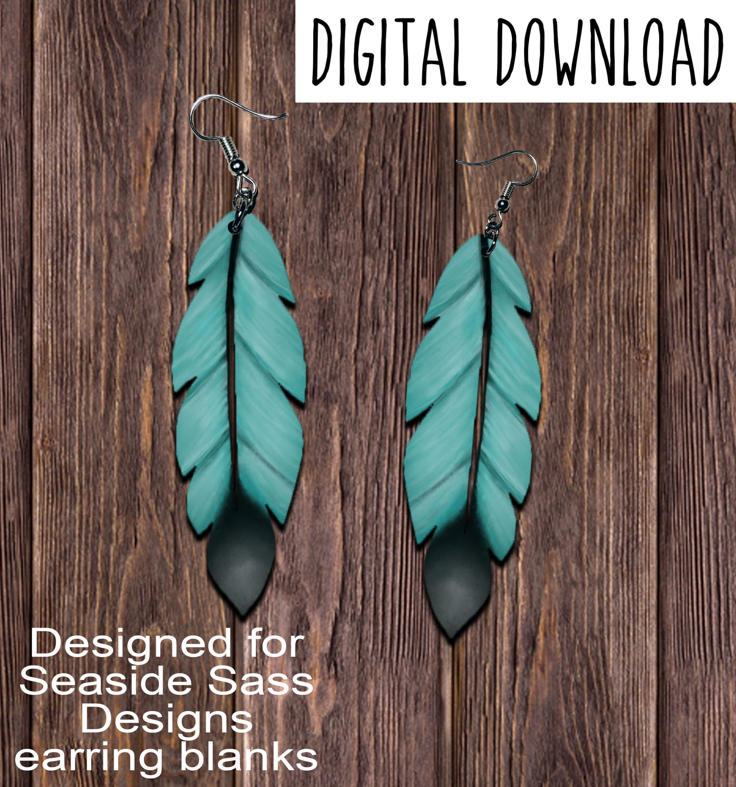 Aqua Black Feather Earring Sublimation Design, Hand drawn Feather Sublimation earring design, digital download, JPG, PNG